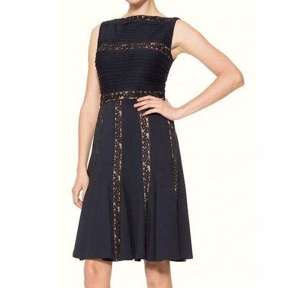 Tadashi Shoji Bateau Pintuck Jersey Lace Sleeveless Dress Black M - Picture 1 of 10